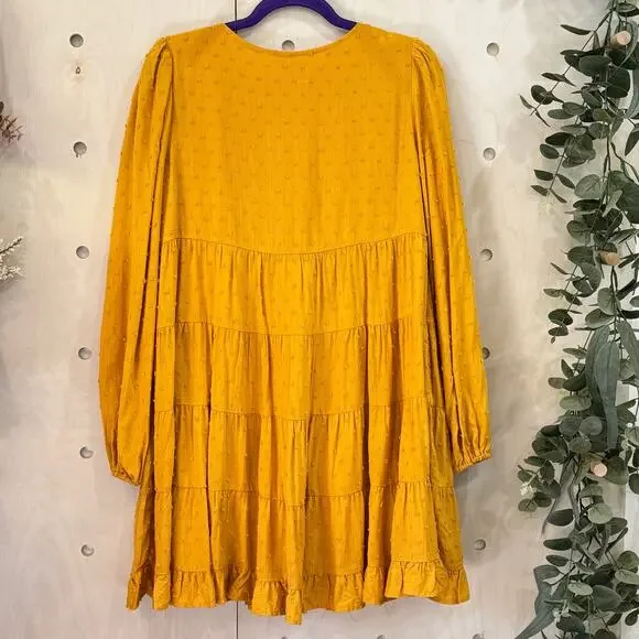 URBAN OUTFITTERS Boho Tiered Dress Size S Yellow Gold Rayon Swiss Dot MSRP $79 - Picture 4 of 9